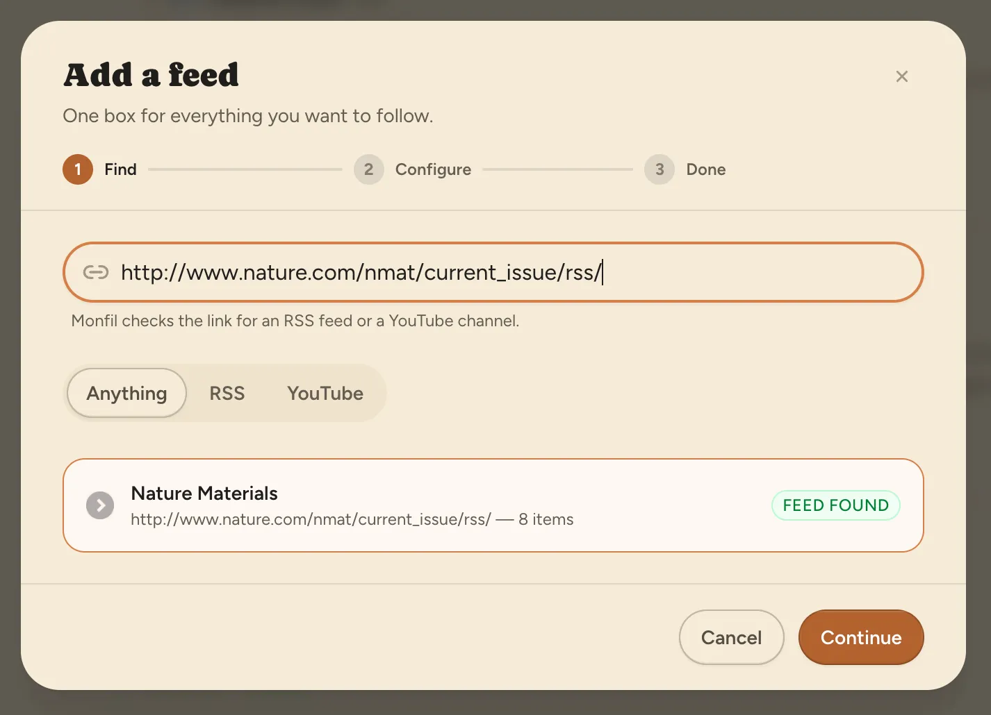 The Add a feed window showing a found RSS feed and the Continue button.