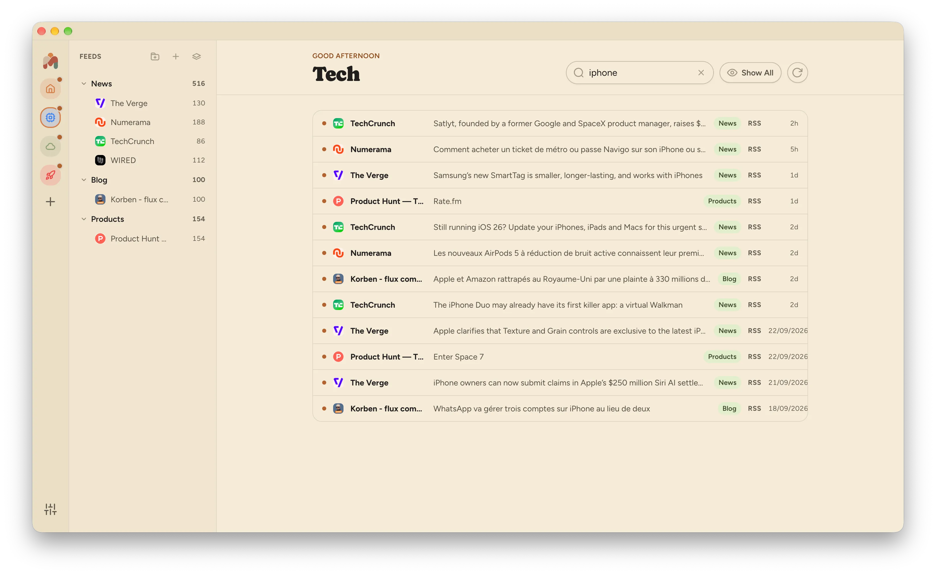 A workspace article list with a search term and the Show All filter.