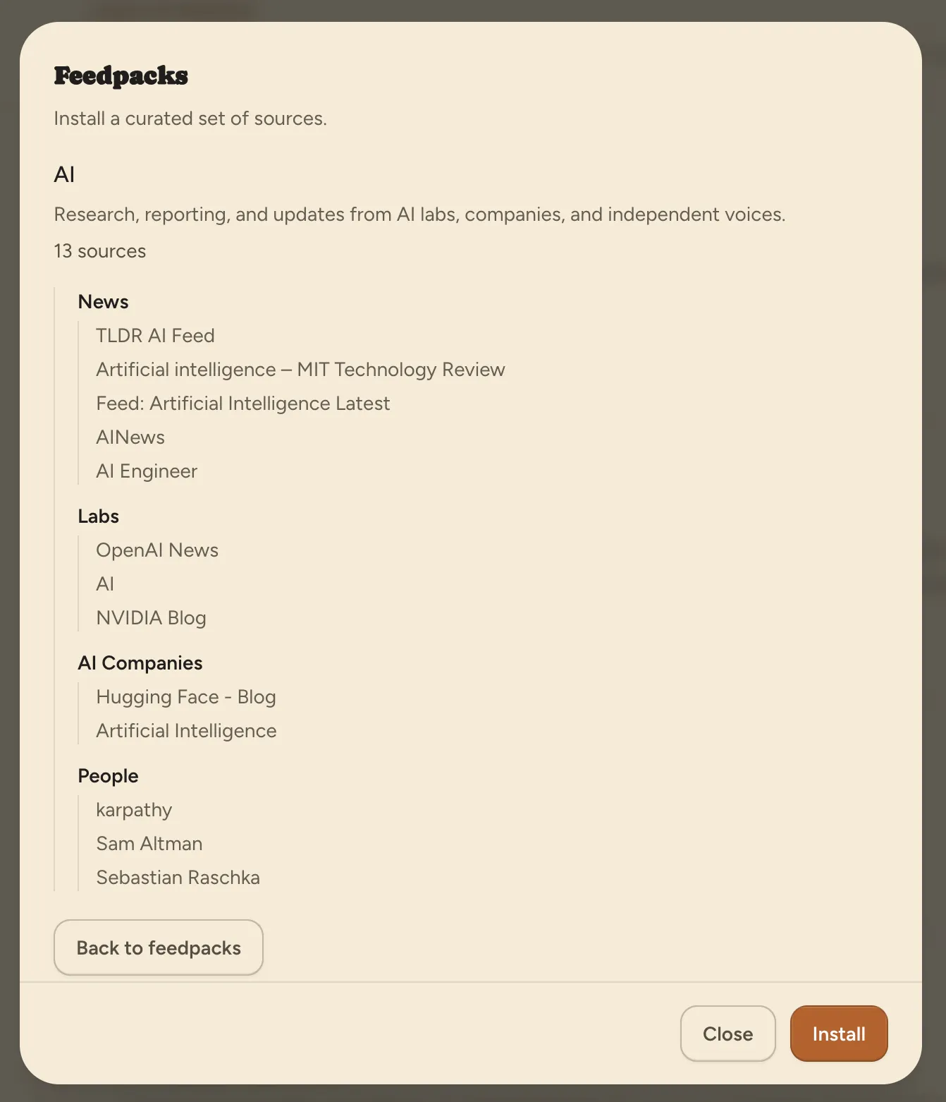 The AI feedpack showing its folders, sources, and Install button.