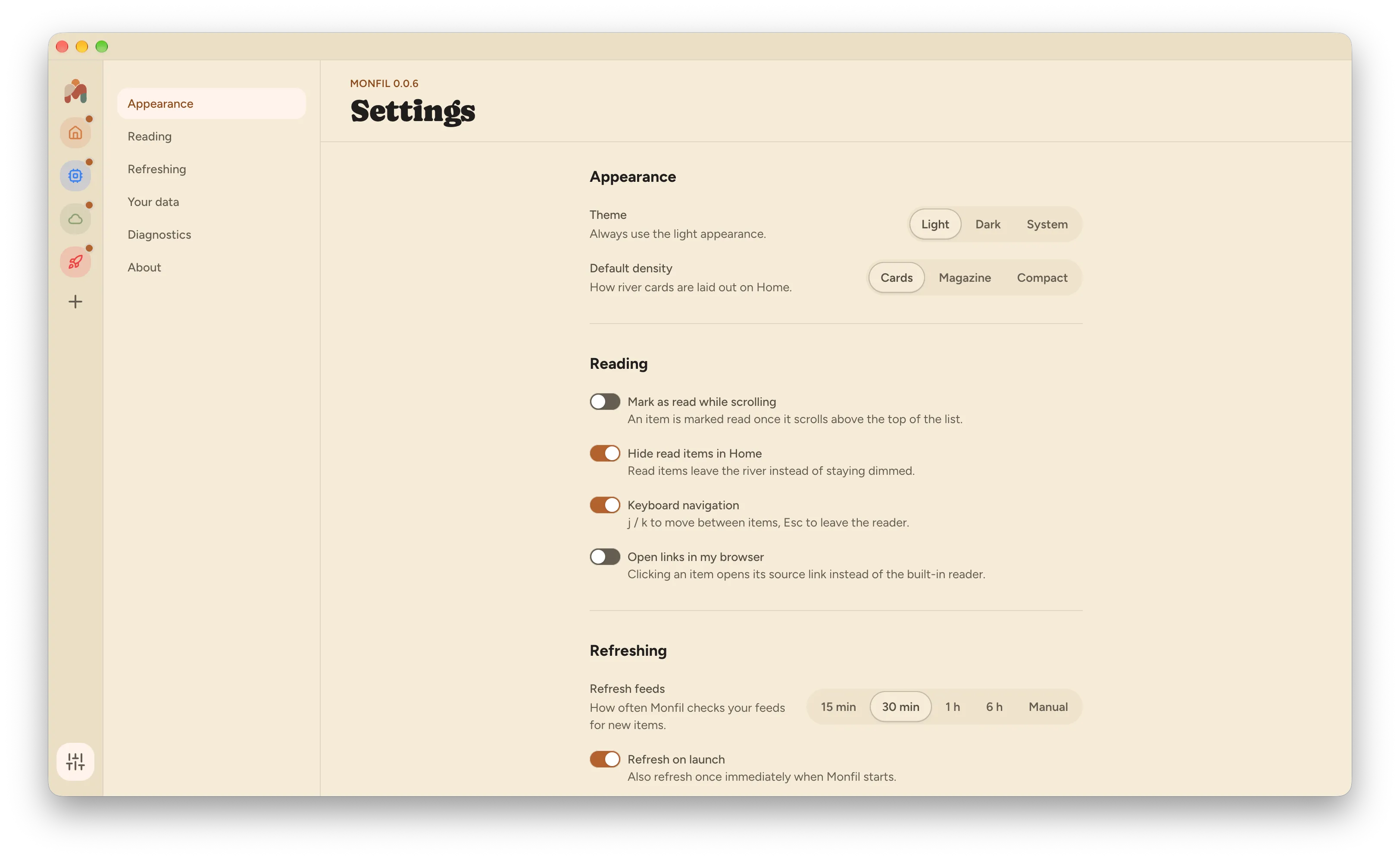 Monfil settings with Appearance, Reading, and Refreshing controls.