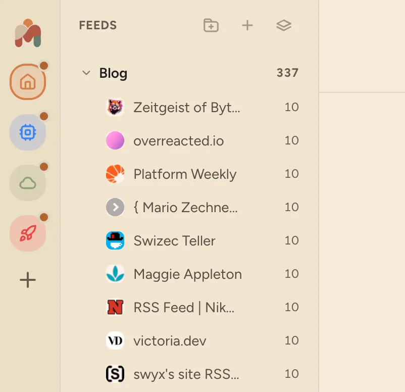 Workspace icons in the left rail beside a folder and its feeds.